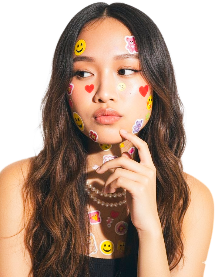 A creator standing to camera, covered in stickers.