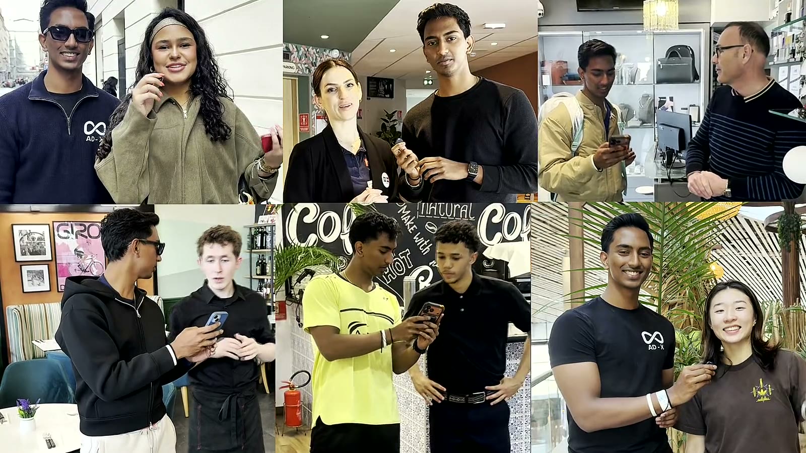 Six scenes of the founder showing AD-X Live to people in shops, cafés and studios across several countries.